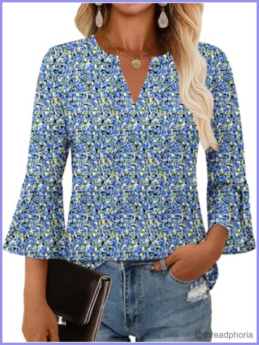 Women's Ruffle 3/4 Sleeve Blouse V Neck Dressy Tunic Business Top